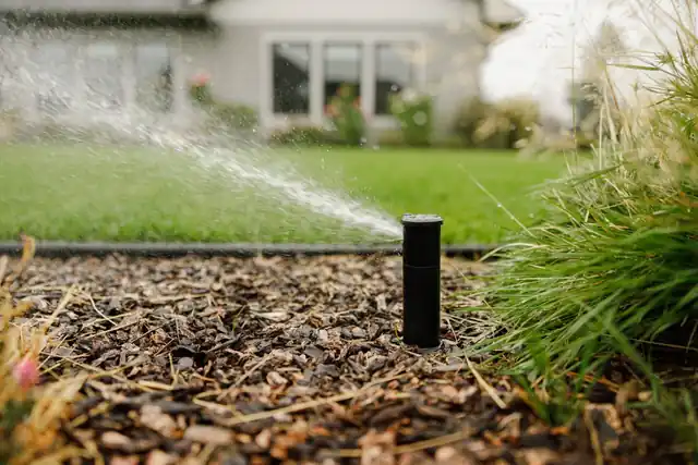 Pop-up sprinkler running at the edge of a planting bed